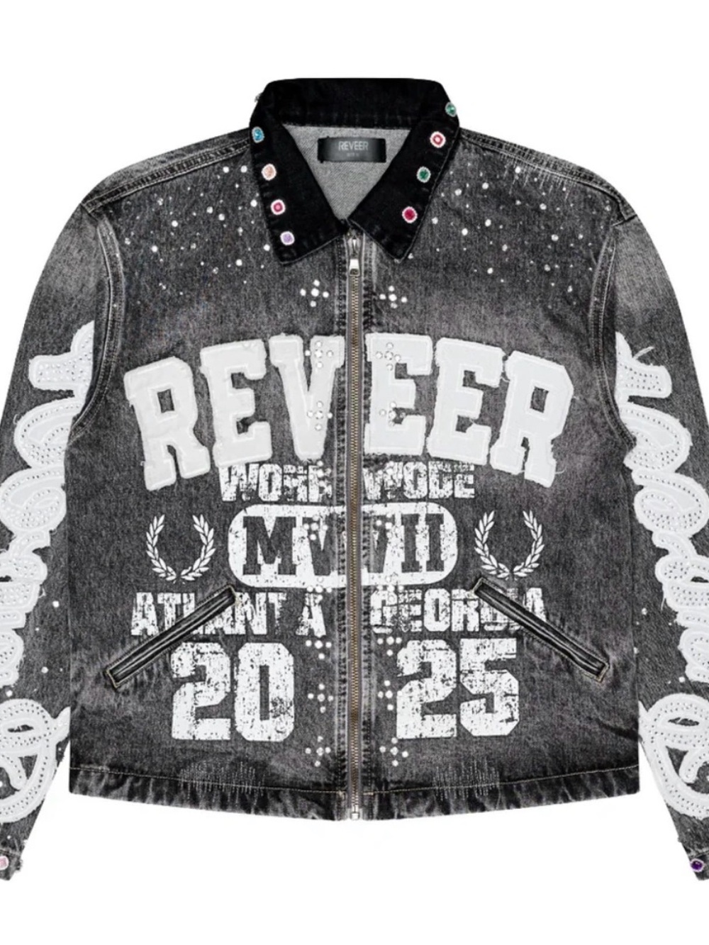 NWOT Reveer Legacy Grey Distressed Graphic Bomber Jacket with Embellished Collar